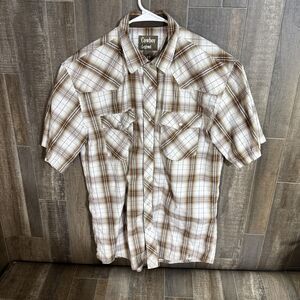 Cowboy Legend Short Sleeve Pearl Snap Western Shirt Size Large Plaid Brown/cream